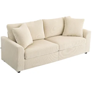3 zits bank, bank met armleuningen, sierkussens, gestoffeerde bank met corduroy bekleding, dik gepolsterd loungebank tot 450 kg voor woonkamer, slaapkamer 212 x 80 x 88 cm, crème wit 1