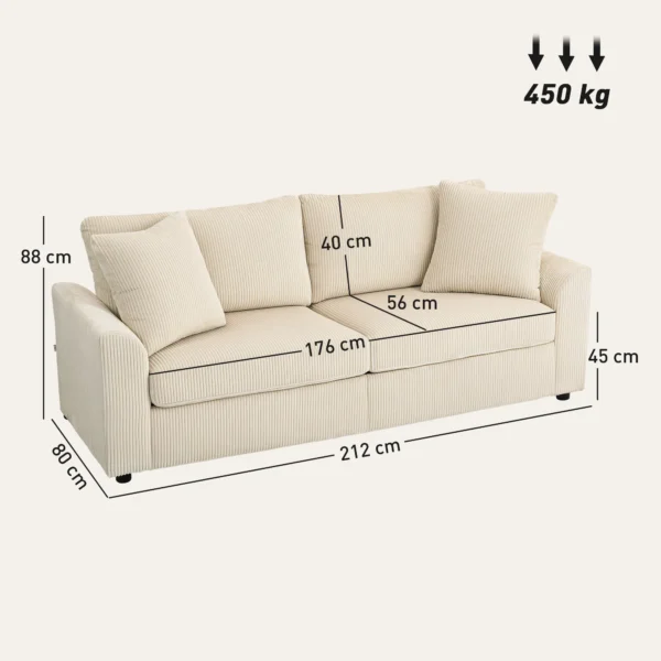 3 zits bank, bank met armleuningen, sierkussens, gestoffeerde bank met corduroy bekleding, dik gepolsterd loungebank tot 450 kg voor woonkamer, slaapkamer 212 x 80 x 88 cm, crème wit 4