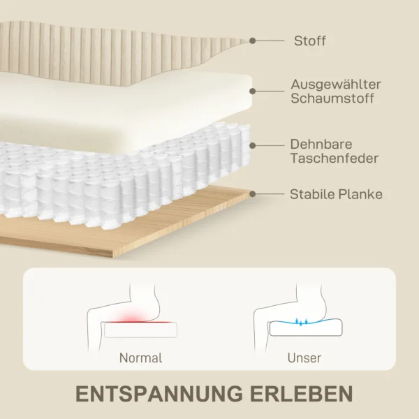 3 zits bank, bank met armleuningen, sierkussens, gestoffeerde bank met corduroy bekleding, dik gepolsterd loungebank tot 450 kg voor woonkamer, slaapkamer 212 x 80 x 88 cm, crème wit 6