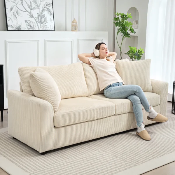 3 zits bank, bank met armleuningen, sierkussens, gestoffeerde bank met corduroy bekleding, dik gepolsterd loungebank tot 450 kg voor woonkamer, slaapkamer 212 x 80 x 88 cm, crème wit 8