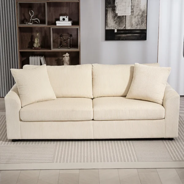 3 zits bank, bank met armleuningen, sierkussens, gestoffeerde bank met corduroy bekleding, dik gepolsterd loungebank tot 450 kg voor woonkamer, slaapkamer 212 x 80 x 88 cm, crème wit 9