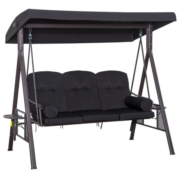 3 zits hollywood schommel tuinschommel met zonnedak en kussens, metaal & polyester, zwart, 116 x 206 x 183 cm 1
