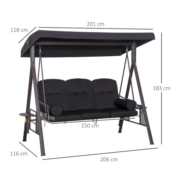 3 zits hollywood schommel tuinschommel met zonnedak en kussens, metaal & polyester, zwart, 116 x 206 x 183 cm 4