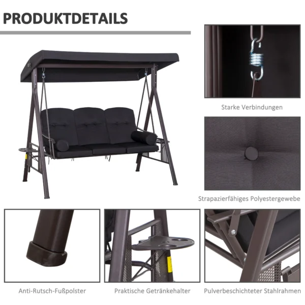 3 zits hollywood schommel tuinschommel met zonnedak en kussens, metaal & polyester, zwart, 116 x 206 x 183 cm 6