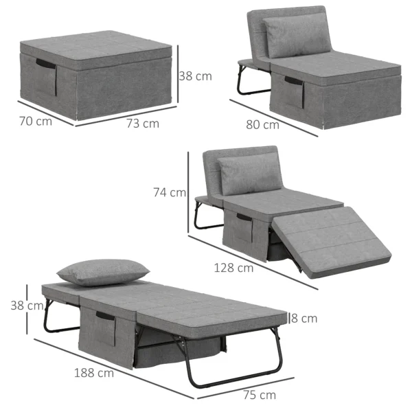 4 in 1 eenpersoonsbed gastenbed vouwbed stoel ottoman, 8 cm matras, 5 stappen hoogteverstelbaar, stalen frame, 188x75x38cm 4