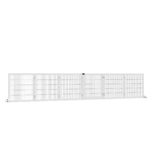 Afscheidingshek hond verstelbaar beschermingshek met voeten 432 x 70 cm hout hondenhek opvouwbaar trapbeschermingshek hondenafscheidingshek voor trappen, deuren, gang, 6 panelen, wit 1