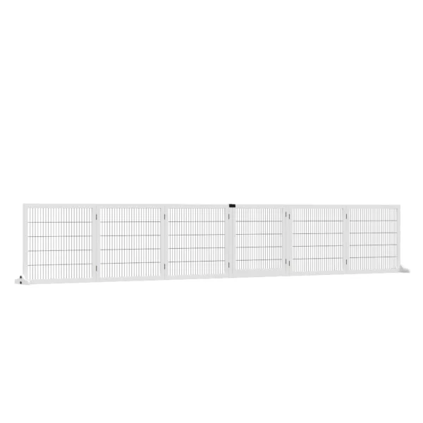 Afscheidingshek hond verstelbaar beschermingshek met voeten 432 x 70 cm hout hondenhek opvouwbaar trapbeschermingshek hondenafscheidingshek voor trappen, deuren, gang, 6 panelen, wit 1