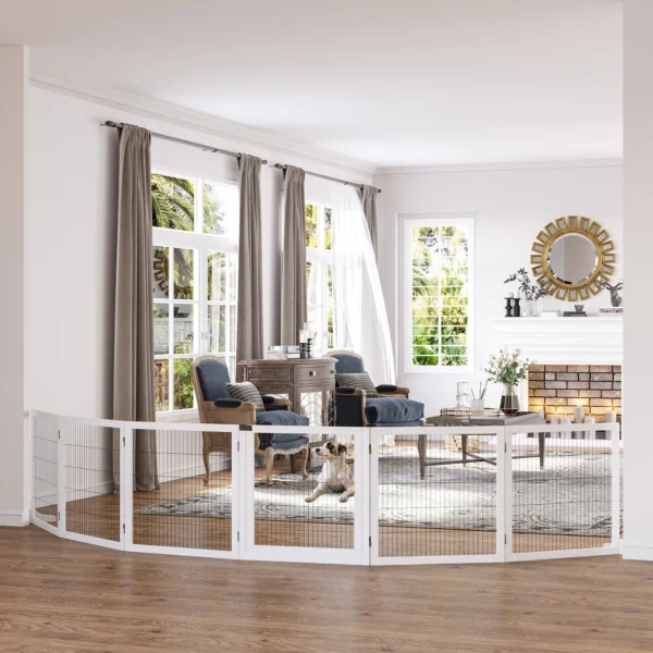 Afscheidingshek hond verstelbaar beschermingshek met voeten 432 x 70 cm hout hondenhek opvouwbaar trapbeschermingshek hondenafscheidingshek voor trappen, deuren, gang, 6 panelen, wit 2
