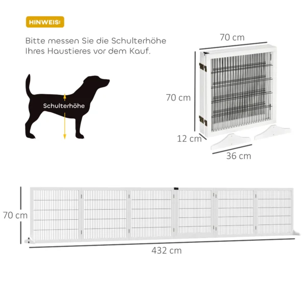 Afscheidingshek hond verstelbaar beschermingshek met voeten 432 x 70 cm hout hondenhek opvouwbaar trapbeschermingshek hondenafscheidingshek voor trappen, deuren, gang, 6 panelen, wit 4