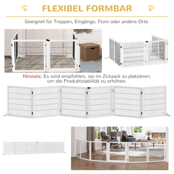 Afscheidingshek hond verstelbaar beschermingshek met voeten 432 x 70 cm hout hondenhek opvouwbaar trapbeschermingshek hondenafscheidingshek voor trappen, deuren, gang, 6 panelen, wit 6