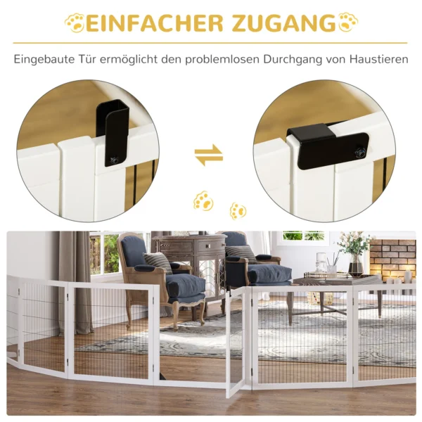 Afscheidingshek hond verstelbaar beschermingshek met voeten 432 x 70 cm hout hondenhek opvouwbaar trapbeschermingshek hondenafscheidingshek voor trappen, deuren, gang, 6 panelen, wit 9