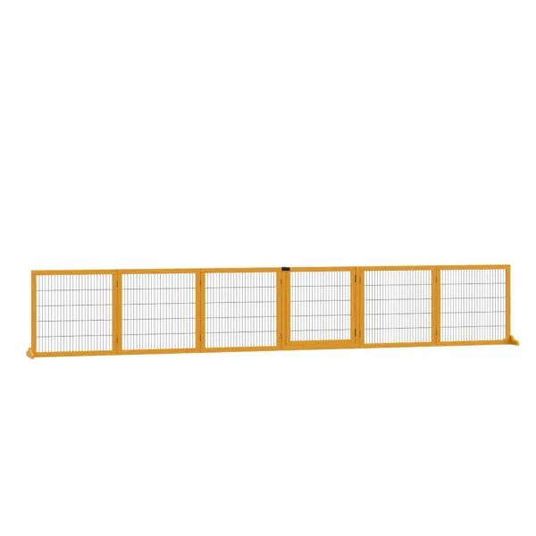 Afscheidingshek hond verstelbaar beschermingshek met voeten 432 x 70 cm houten hondenhek vouwbaar trapbeschermingshek hondenafscheidingshek voor trappen, deuren, gang, 6 panelen, geel 1