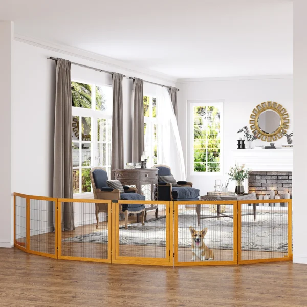 Afscheidingshek hond verstelbaar beschermingshek met voeten 432 x 70 cm houten hondenhek vouwbaar trapbeschermingshek hondenafscheidingshek voor trappen, deuren, gang, 6 panelen, geel 2