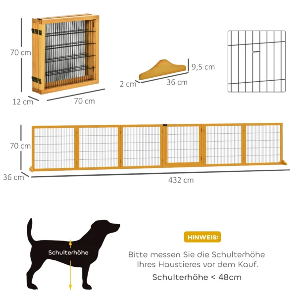 Afscheidingshek hond verstelbaar beschermingshek met voeten 432 x 70 cm houten hondenhek vouwbaar trapbeschermingshek hondenafscheidingshek voor trappen, deuren, gang, 6 panelen, geel 4