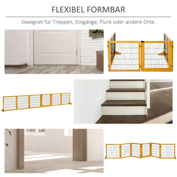 Afscheidingshek hond verstelbaar beschermingshek met voeten 432 x 70 cm houten hondenhek vouwbaar trapbeschermingshek hondenafscheidingshek voor trappen, deuren, gang, 6 panelen, geel 6