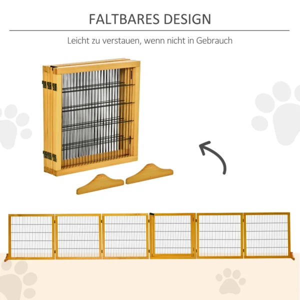 Afscheidingshek hond verstelbaar beschermingshek met voeten 432 x 70 cm houten hondenhek vouwbaar trapbeschermingshek hondenafscheidingshek voor trappen, deuren, gang, 6 panelen, geel 7