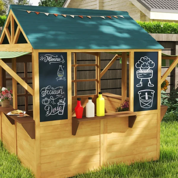 Aiyaplay houten speelhuis opvouwbaar kinderspeelhuis buiten met ramen, deur, vensterbank, regenkappen, kinderhuis, tuinhuis voor kinderen 3 8 jaar 10
