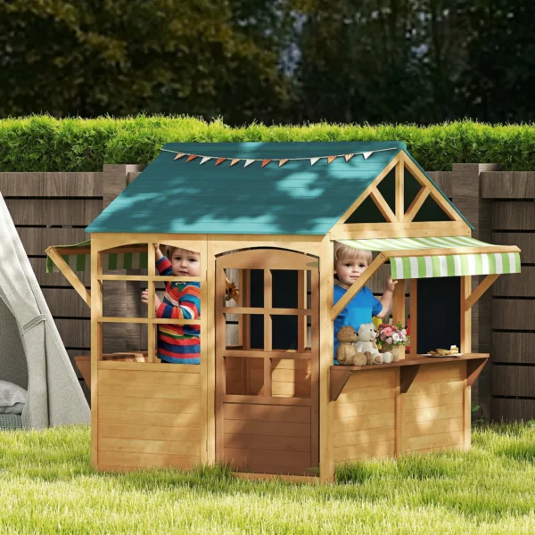 Aiyaplay houten speelhuis opvouwbaar kinderspeelhuis buiten met ramen, deur, vensterbank, regenkappen, kinderhuis, tuinhuis voor kinderen 3 8 jaar 2