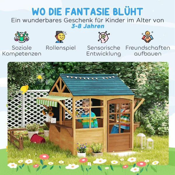 Aiyaplay houten speelhuis opvouwbaar kinderspeelhuis buiten met ramen, deur, vensterbank, regenkappen, kinderhuis, tuinhuis voor kinderen 3 8 jaar 5