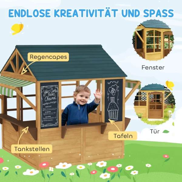 Aiyaplay houten speelhuis opvouwbaar kinderspeelhuis buiten met ramen, deur, vensterbank, regenkappen, kinderhuis, tuinhuis voor kinderen 3 8 jaar 7