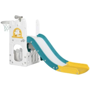 Aiyaplay kinder glijbaan, 4 in 1, peuterglijbaan met basketbalring, telescopisch klimrek glijbaan met basketbal voor kinderen 1 3 jaar, binnen, geel 70 x 177 x 92 cm 1