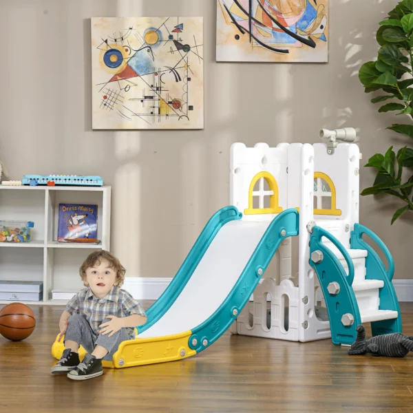 Aiyaplay kinder glijbaan, 4 in 1, peuterglijbaan met basketbalring, telescopisch klimrek glijbaan met basketbal voor kinderen 1 3 jaar, binnen, geel 70 x 177 x 92 cm 2