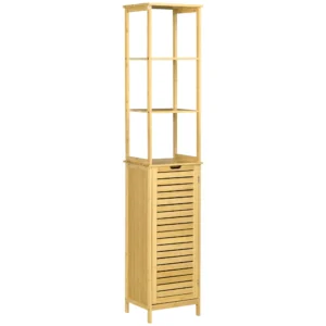 Badkamerkast bambus, 34 x 30 x 173 cm, met 3 open vakken en 1 kast, kantelbeveiliging, handgreepopening, vrijstaand, kleine ruimtes, natuur 1