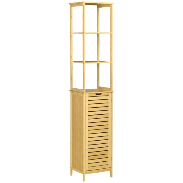 Badkamerkast bambus, 34 x 30 x 173 cm, met 3 open vakken en 1 kast, kantelbeveiliging, handgreepopening, vrijstaand, kleine ruimtes, natuur 1