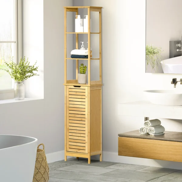 Badkamerkast bambus, 34 x 30 x 173 cm, met 3 open vakken en 1 kast, kantelbeveiliging, handgreepopening, vrijstaand, kleine ruimtes, natuur 10