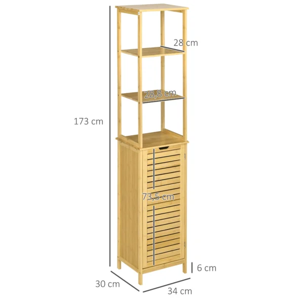 Badkamerkast bambus, 34 x 30 x 173 cm, met 3 open vakken en 1 kast, kantelbeveiliging, handgreepopening, vrijstaand, kleine ruimtes, natuur 4