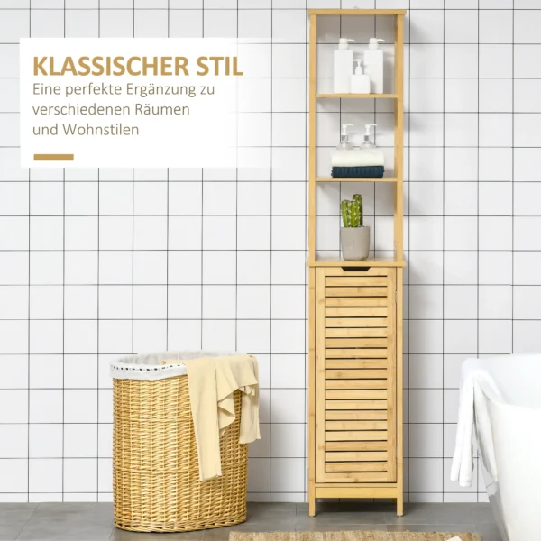 Badkamerkast bambus, 34 x 30 x 173 cm, met 3 open vakken en 1 kast, kantelbeveiliging, handgreepopening, vrijstaand, kleine ruimtes, natuur 5