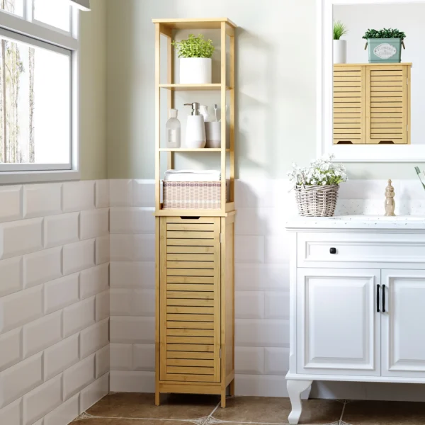Badkamerkast bambus, 34 x 30 x 173 cm, met 3 open vakken en 1 kast, kantelbeveiliging, handgreepopening, vrijstaand, kleine ruimtes, natuur 9
