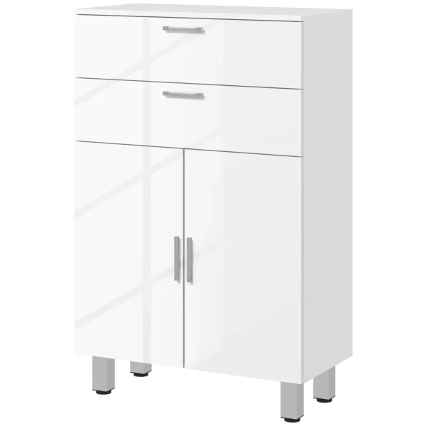Badkamerkast bijzetkast met 2 hoogglans witte laden, deur, badkamerkast met verstelbaar rek, opbergkast voor woonkamer 60 x 30 x 93 cm 1