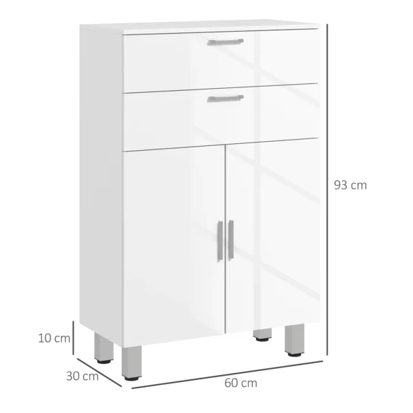 Badkamerkast bijzetkast met 2 hoogglans witte laden, deur, badkamerkast met verstelbaar rek, opbergkast voor woonkamer 60 x 30 x 93 cm 4