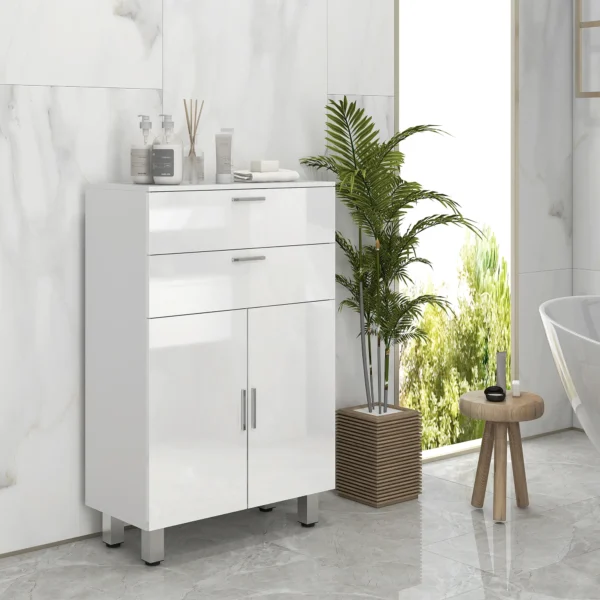 Badkamerkast bijzetkast met 2 hoogglans witte laden, deur, badkamerkast met verstelbaar rek, opbergkast voor woonkamer 60 x 30 x 93 cm 8