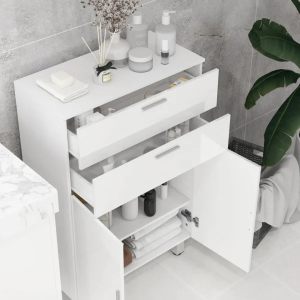 Badkamerkast bijzetkast met 2 hoogglans witte laden, deur, badkamerkast met verstelbaar rek, opbergkast voor woonkamer 60 x 30 x 93 cm 9