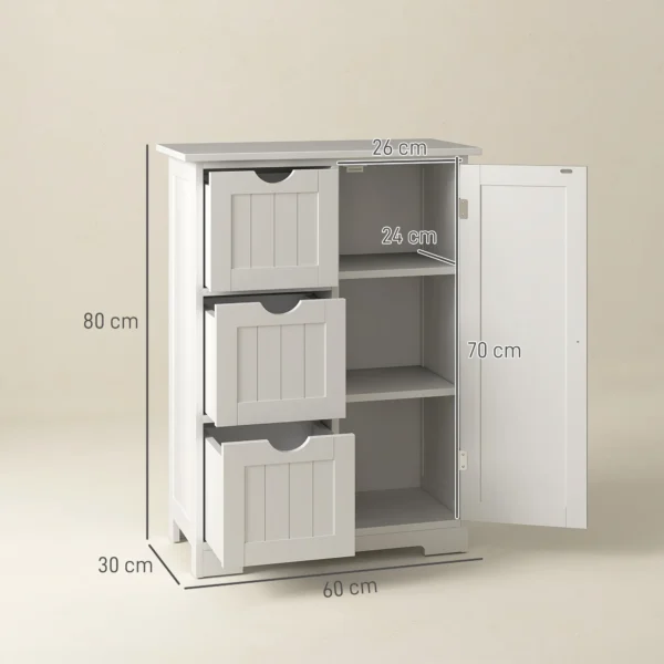 Badkamerkast bijzettafel met 3 lades, badkamerkast met verstelbaar rek, voor badkamer, woonkamer 60 x 30 x 80 cm wit 4
