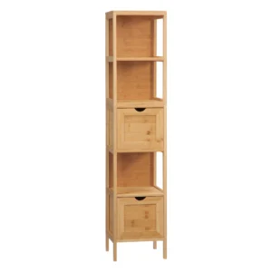 Badkamerkast hoge kast van bamboe met 3 planken en 2 lades, kantelbeveiliging, multifunctionele bijzetkast voor badkamer 1
