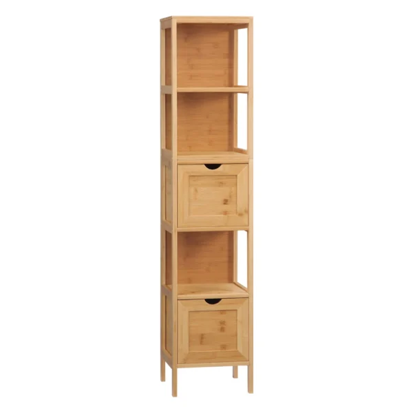 Badkamerkast hoge kast van bamboe met 3 planken en 2 lades, kantelbeveiliging, multifunctionele bijzetkast voor badkamer 1