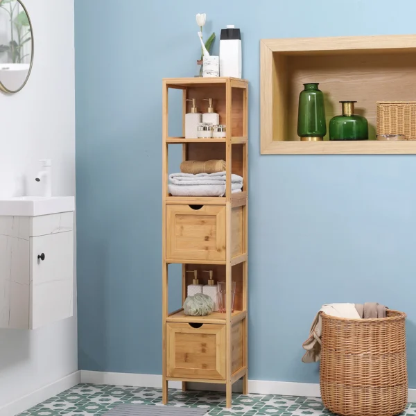 Badkamerkast hoge kast van bamboe met 3 planken en 2 lades, kantelbeveiliging, multifunctionele bijzetkast voor badkamer 2