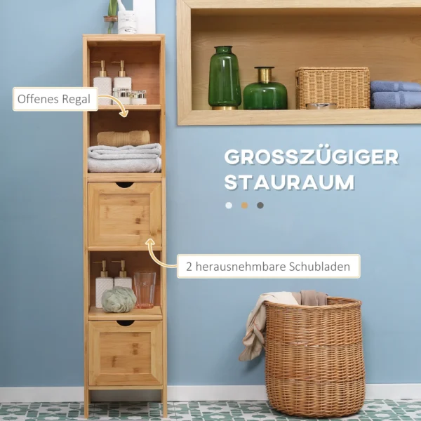 Badkamerkast hoge kast van bamboe met 3 planken en 2 lades, kantelbeveiliging, multifunctionele bijzetkast voor badkamer 5