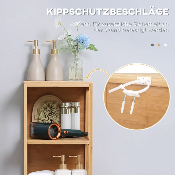 Badkamerkast hoge kast van bamboe met 3 planken en 2 lades, kantelbeveiliging, multifunctionele bijzetkast voor badkamer 8