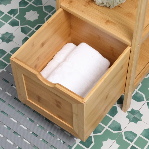 Badkamerkast hoge kast van bamboe met 3 planken en 2 lades, kantelbeveiliging, multifunctionele bijzetkast voor badkamer 9