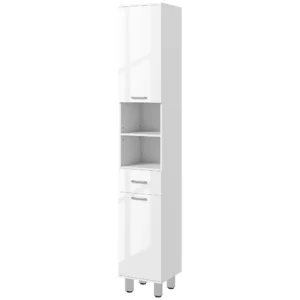 Badkamerkast smal, hoge kast toiletkast met hoogglanswit lade, verstelbare plank en 2 open vakken, voor kleine ruimtes badkamer 30 x 30 x 180 cm wit 1