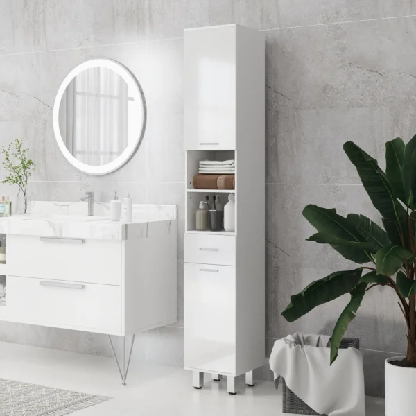 Badkamerkast smal, hoge kast toiletkast met hoogglanswit lade, verstelbare plank en 2 open vakken, voor kleine ruimtes badkamer 30 x 30 x 180 cm wit 2