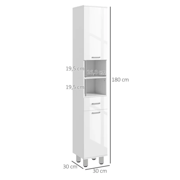 Badkamerkast smal, hoge kast toiletkast met hoogglanswit lade, verstelbare plank en 2 open vakken, voor kleine ruimtes badkamer 30 x 30 x 180 cm wit 4