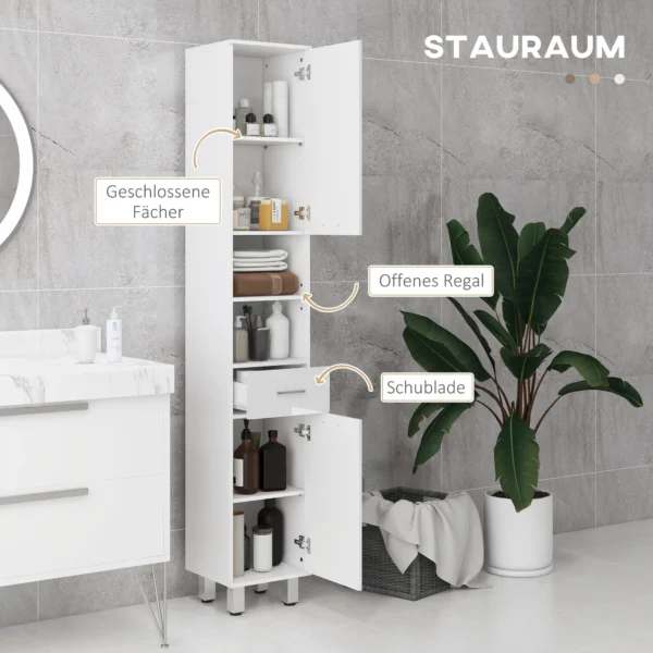 Badkamerkast smal, hoge kast toiletkast met hoogglanswit lade, verstelbare plank en 2 open vakken, voor kleine ruimtes badkamer 30 x 30 x 180 cm wit 5