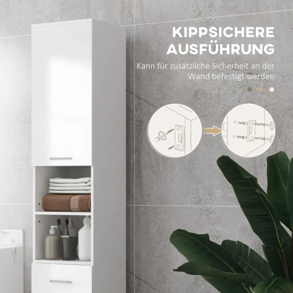 Badkamerkast smal, hoge kast toiletkast met hoogglanswit lade, verstelbare plank en 2 open vakken, voor kleine ruimtes badkamer 30 x 30 x 180 cm wit 6