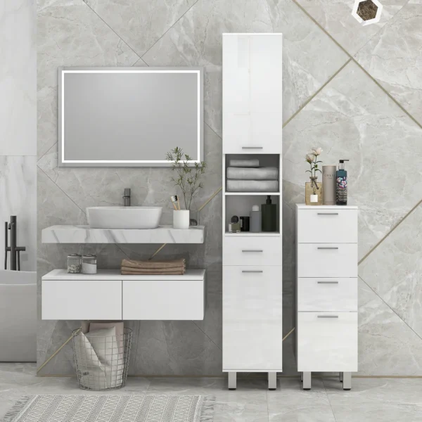 Badkamerkast smal, hoge kast toiletkast met hoogglanswit lade, verstelbare plank en 2 open vakken, voor kleine ruimtes badkamer 30 x 30 x 180 cm wit 8