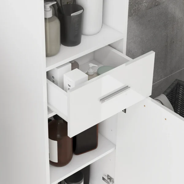 Badkamerkast smal, hoge kast toiletkast met hoogglanswit lade, verstelbare plank en 2 open vakken, voor kleine ruimtes badkamer 30 x 30 x 180 cm wit 9